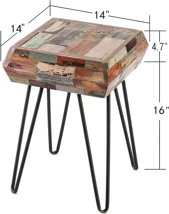 Multicolor Square Wood Drum Side Table 14" x 14" x 20" H Reclaimed Wooden - Image 2