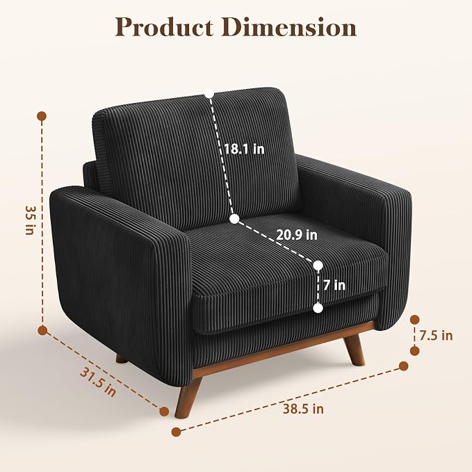 Vesgantti 38.5" Accent Chair Black, Comfy Corduroy Single Sofa Seat - Image 2