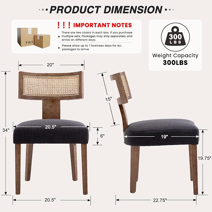 HNY Mid Century Modern Rattan Dining Chairs Set of 6, Farmhouse Linen - Image 2