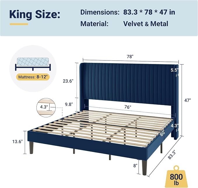 Allewie King Size Velvet Bed Frame/Vertical Channel Tufted Wingback - Image 2