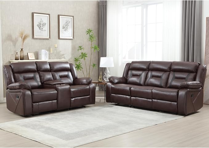 EBELLO Manual Recliner Sofa Set, Faux Leather Reclining Living Room Furniture - Image 6