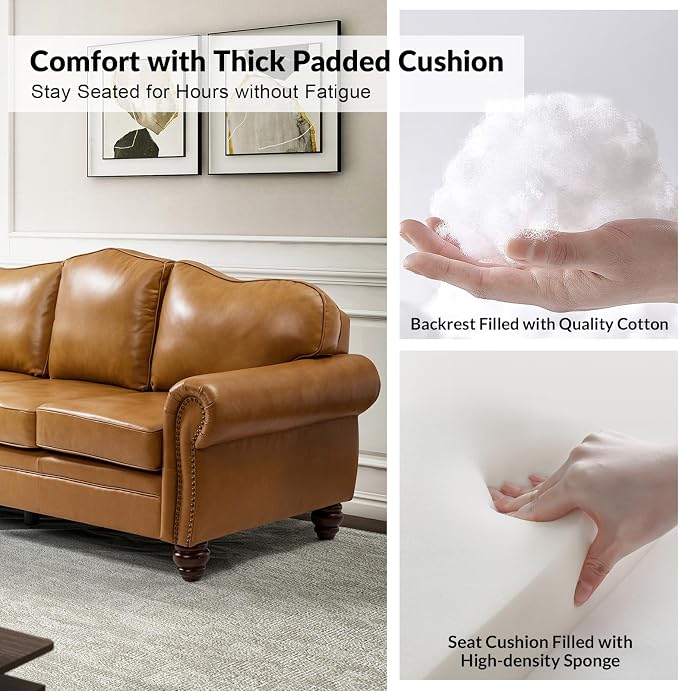 81" Genuine Leather Sofa, Classic 3-Seater Couchs - Image 4