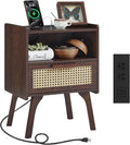Lerliuo Rattan Nightstand with Charging Station, Walnut Bedside Table with by Lerliuo