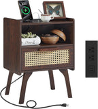 Lerliuo Rattan Nightstand with Charging Station, Walnut Bedside Table with by Lerliuo