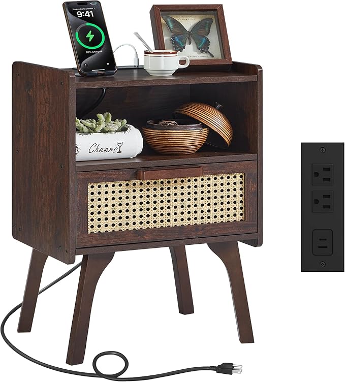 Lerliuo Rattan Nightstand with Charging Station, Walnut Bedside Table with by Lerliuo