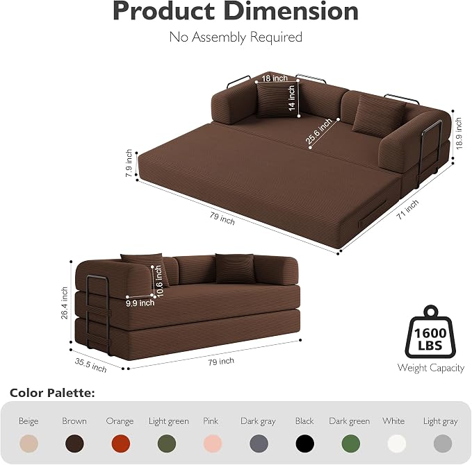 79in Convertible Sofa Bed, Corduroy Boneless Couch Bed, Futon Sleeper Sofa Pull - Image 2