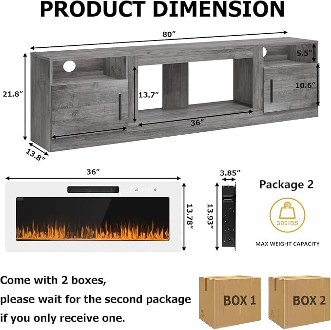 PRETZI Fireplace TV Stand with 36" Fireplace Up to 90" TVs, Remote Control - Image 2