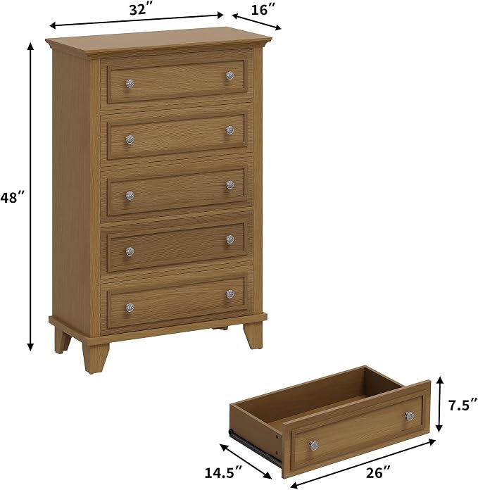IDEALHOUSE 5 Drawer Dresser, Wooden Storage Chest of Drawers - Image 2