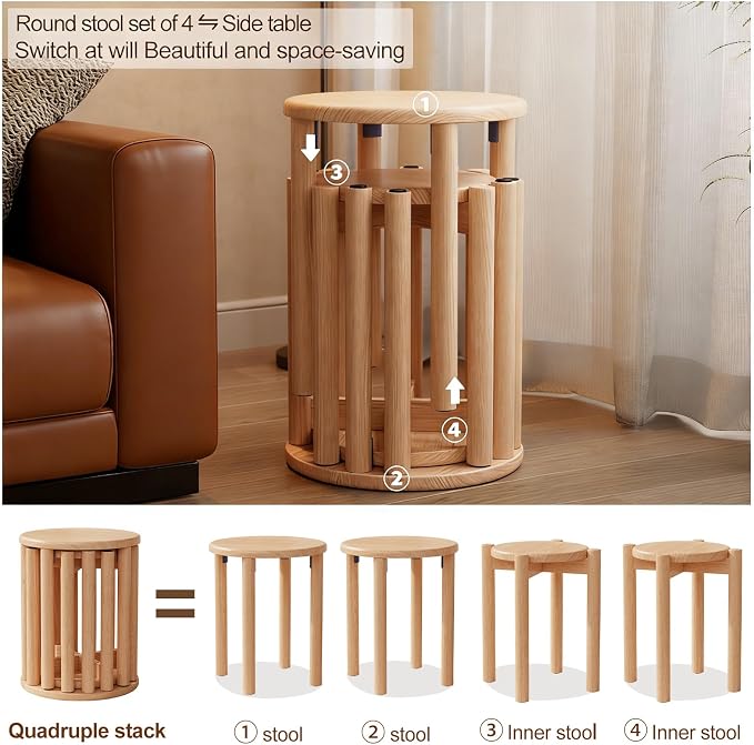 Stackable Stools Set of 4, 100% Solid Wood Stool No Installation Required - Image 3