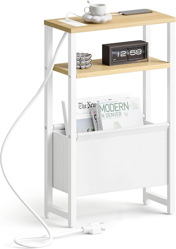 Narrow Side Table with Charging Station Slim End Table Sofa with Magazine Rack by IRCPEN