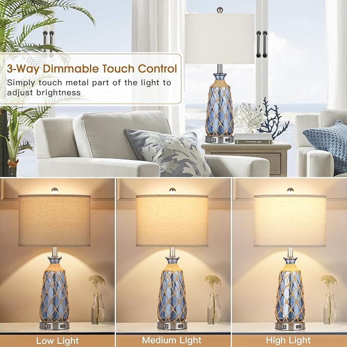 Ruzectt Coastal Glass Table Lamps, 3-Way Dimmable Touch Control Bedside Lamps - Image 2