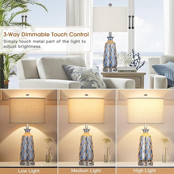Ruzectt 25.5" Coastal Glass Table Lamps Set of 2, 3-Way Dimmable Touch Control - Image 2