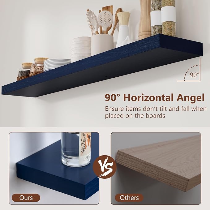 fuqing Dark Blue Floating Shelves 48 Inch, Solid Wooden Wall Shelves Set of 2 - Image 4