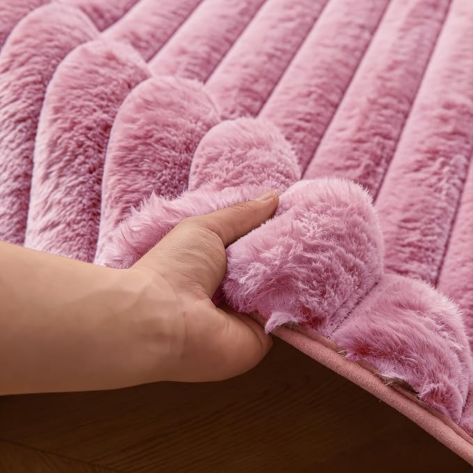 Dusty Rose Rabbit Striped Plush Rug 6'x9', Fluffy Shaggy Area Rug - Image 8
