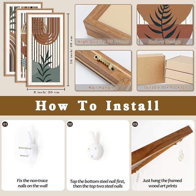 IARTTOP Boho Wood Wall Art Framed 8x16 Inch Set of 3 Mid-century Modern - Image 7