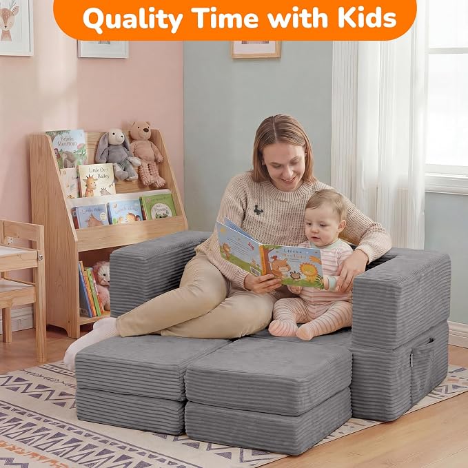 MeMoreCool Modular Kids Couch – Light Grey Foam Play Sofa Bed Convertible - Image 6