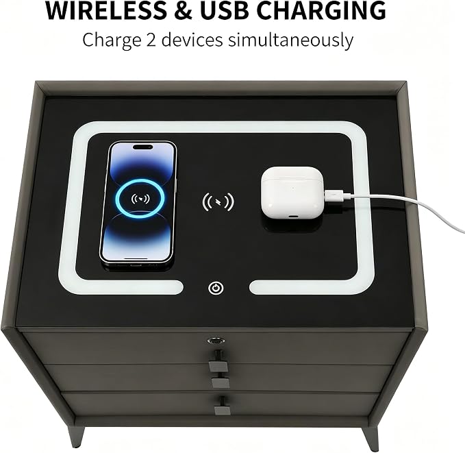 Smart Nightstand with 3 Drawers, Tri-Color Lights, Wireless Charging Port and - Image 5