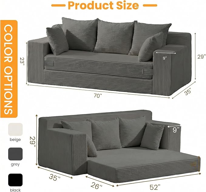 Oversized Boneless Loveseat, 3 Seater Pull Out Convertible Sofa Bed - Image 2