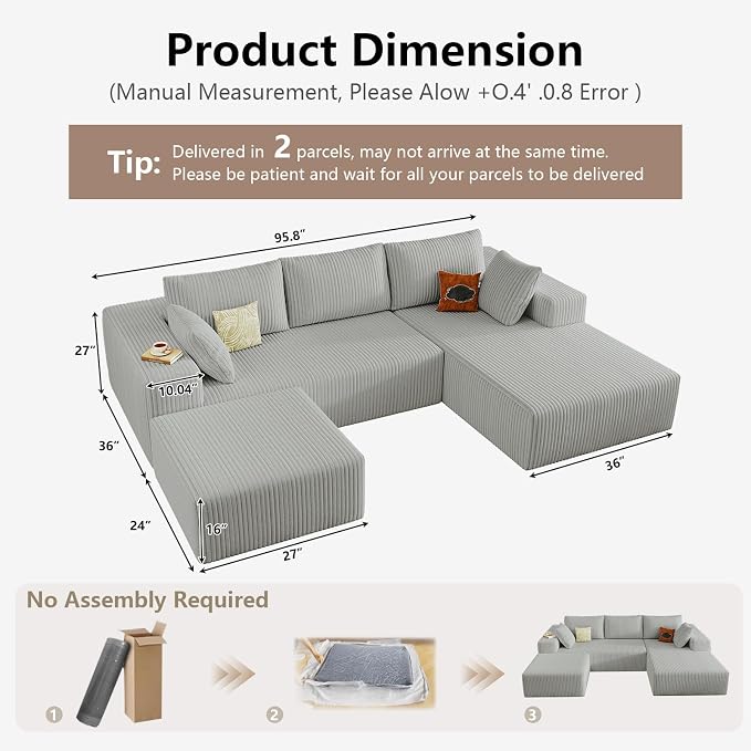 95" Cloud Sectional Couch U-Shaped Chaise - Image 2