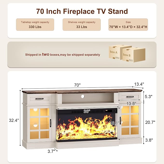 MXV 70" Fireplace TV Stand, 3-Sided Glass Fireplace and Modern Entertainment - Image 2