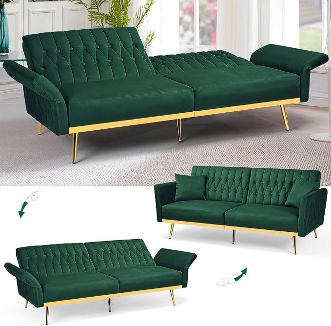 70” Velvet Futon Sofa Bed w/Adjustable Backrests and Armrests, Convertible - Image 5