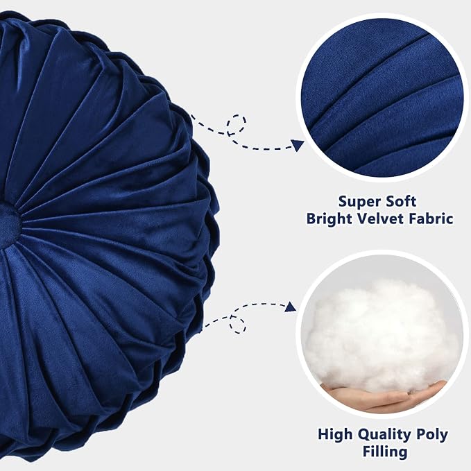HIG Set of 2 Navy Velvet Decorative Round Pleated Throw Pillows | Vintage Floor - Image 3