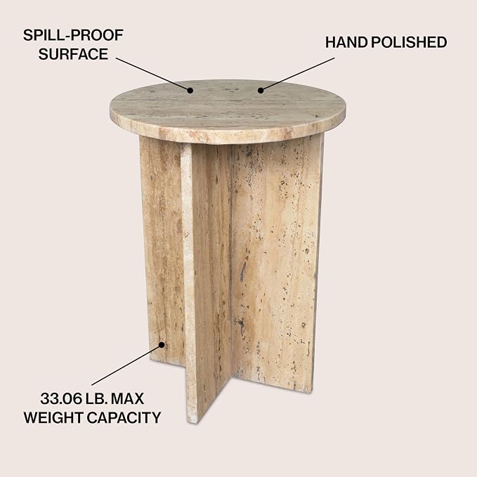 JONATHAN Y Javier Solid Travertine Marble End Table, 14-inch Round Modern - Image 4