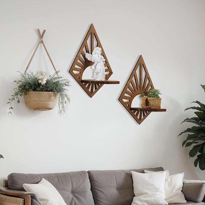 Menkxi Set of 2 Boho Wall Decor Wooden Boho Floating Shelves Vintage Mid - Image 4