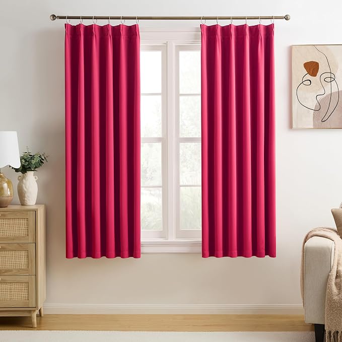 Pinch Pleated Hot Pink Blackout Curtains Short 2 Panels Set 45 Inch Length by KEQIAOSUOCAI
