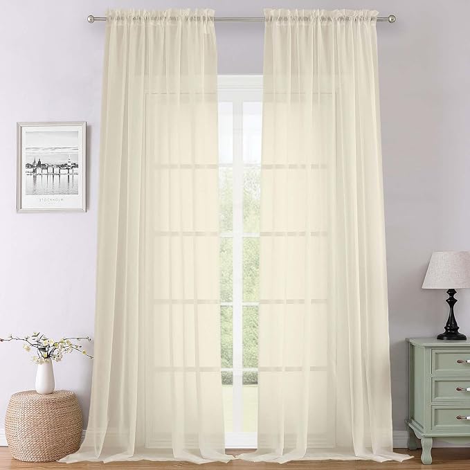 Cream Sheer Curtains 120 Inches Long 2 Pcs, Rod Pockets Voile Living Room by Lecloud