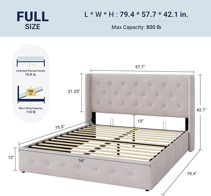 Allewie Full Size Lift Up Storage Bed, Button Tufted Headboard - Image 2