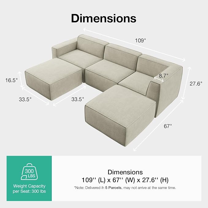 Novilla 109" Modular Sectional Sofa, No Assembly Cloud Sectional Couch - Image 2