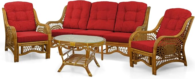 Malibu Lounge Set of 4: 2 Natural Rattan Wicker Chairs, Three-Seater Sofa - Image 2