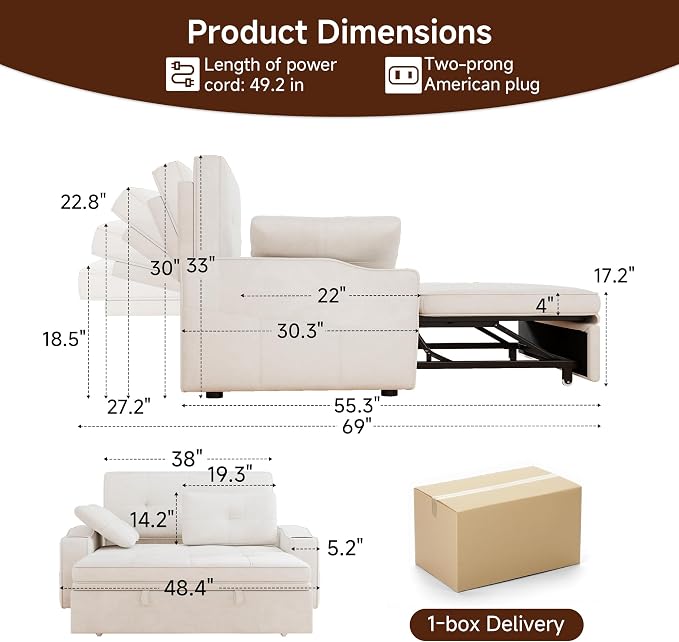 Loveseat Sofa Bed, 3-in-1 Convertible Sleeper Sofa, Chenille Fabric Pull Out - Image 2