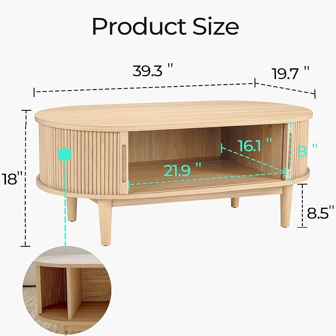 LINSY HOME Oval Coffee Table, Wood Coffee Table - Image 3