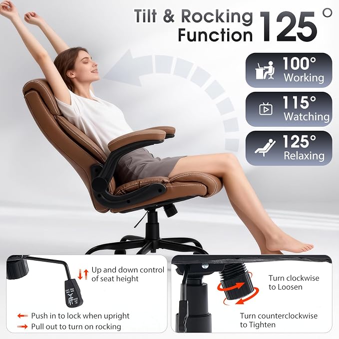 High Back Office Chair with Flip-up Armrests, Leather Comfy Desk Chair with - Image 4