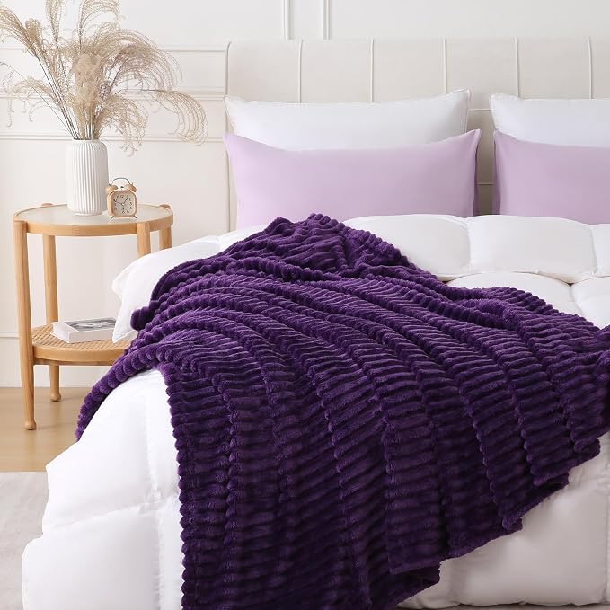 Deep Purple Throw Blanket for Couch Sofa 90x90 inches Striped Design | Fleece - Image 2