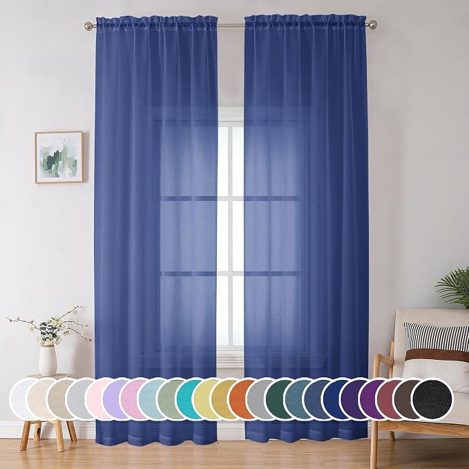 Blue Sheer Curtains 96 Inch Long 2 Panels Set, Light Filtering Rod Pocket Soft by OWENIE