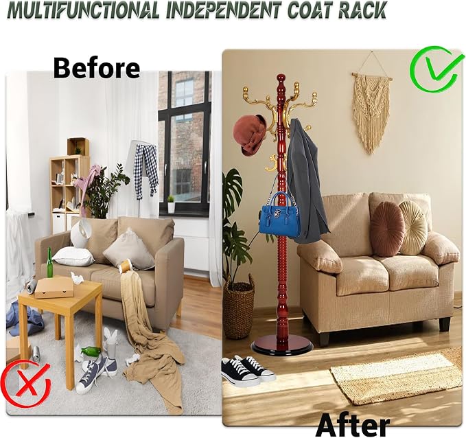 73" Wooden Coat Rack Stand, Coat Racks Freestanding - Image 5