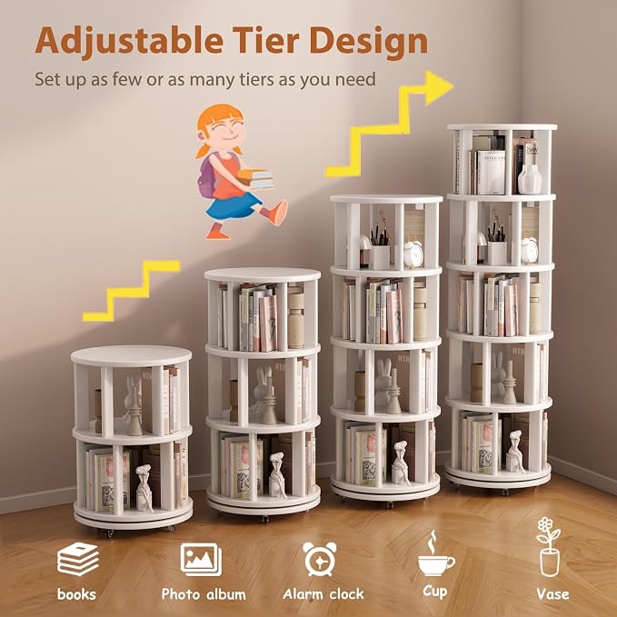 Muwuele Solid Wood Rotating Bookshelf on Wheels, 5 Tier, Round Revolving - Image 7
