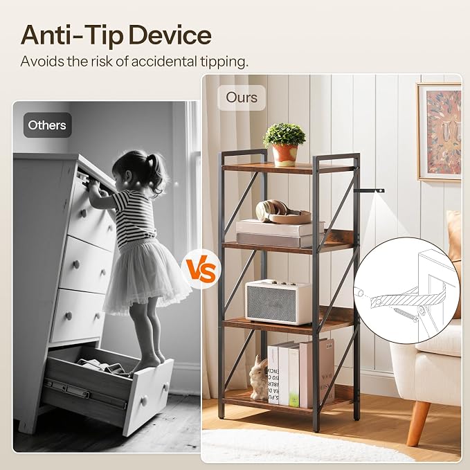 HOOBRO Bookshelf, 4-Tier Industrial Bookcase, Book Shelf Storage Organizer - Image 8