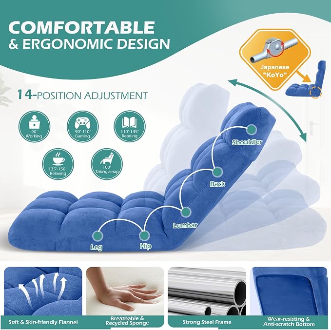 Folding Floor Gaming Chair 14-Poistion Cushioned Adjustable Floor Lazy Sofa - Image 5