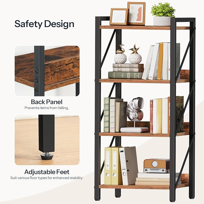 HOOBRO Bookshelf, 4-Tier Industrial Bookcase, Book Shelf Storage Organizer - Image 6