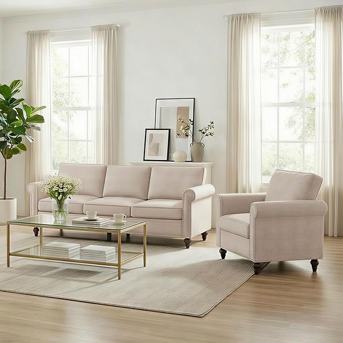 2 Piece Living Room Sofa Sets, Modern 3 Seater Sofa and Armchair Sets, Linen by RedefiningHomeComfort