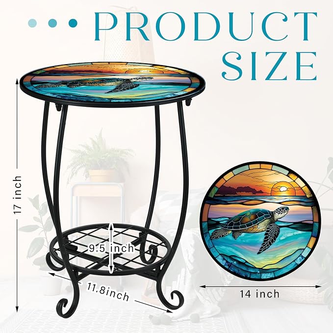 Cinnvoice Outdoor Side Table Round Small Mosaic Patio Accent Indoor End Plant - Image 3
