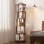 Muwuele Solid Wood Rotating Bookshelf on Wheels, 5 Tier, Round Revolving - Image 8