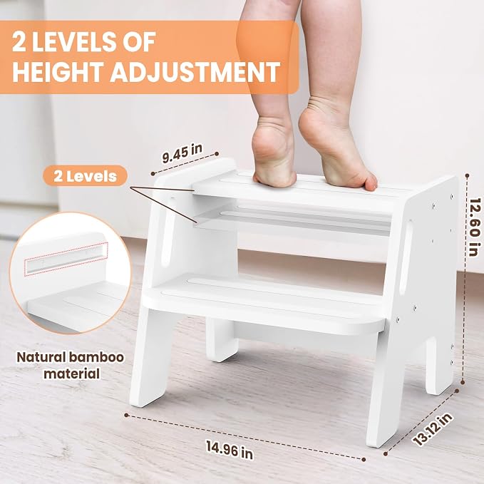 Toddler Step Stool, Wooden Height-Adjustable 2-Step Stool - Image 3