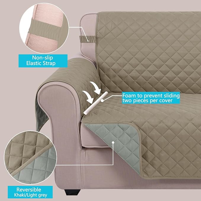 U-NICE HOME Reversible Recliner Chair Covers, Khaki/Light Grey | 28''Recliner - Image 4
