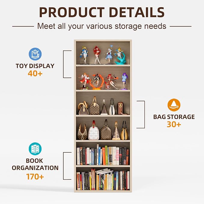 Furniwell 71" Tall Bookcase Bookshelves, 6 Tier Floor Standing Bookcases Open - Image 5