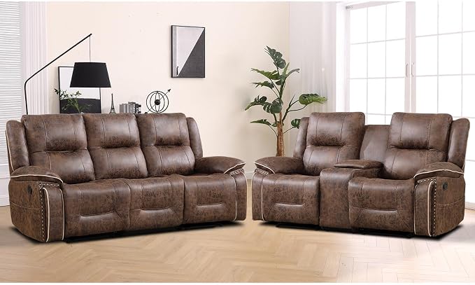 EBELLO Manual Recliner Sofa Set, Faux Leather Reclining Loveseat and 3 Seater - Image 7